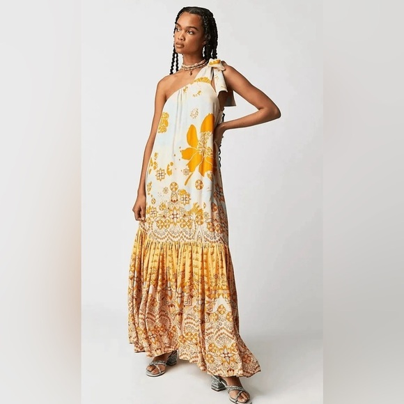 Free People Cote D Azur Maxi Dress Tie Strap One Shoulder Boho Bohemian Hippie - Picture 2 of 8